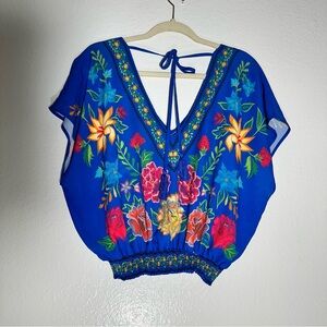 Flying Tomato Vibrant Blue Floral Top Boho Elastic Waist